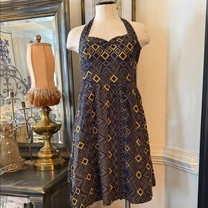 Sleeveless Halter Mini Dress in Navy and Yellow Geometric Print